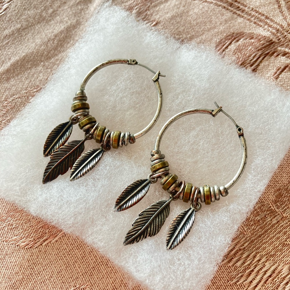 Mixed Metals Feather Hoop Earrings